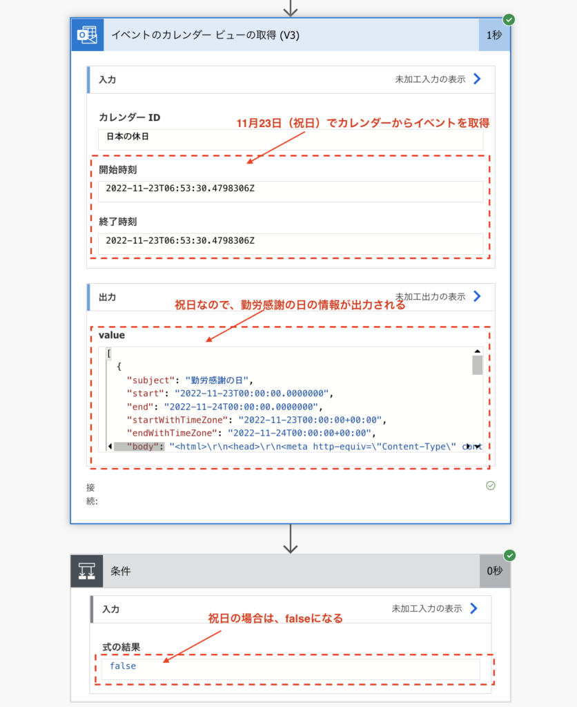 PowerAutomate Outlook 祝日イベントカレンダー ビューの取得　結果　